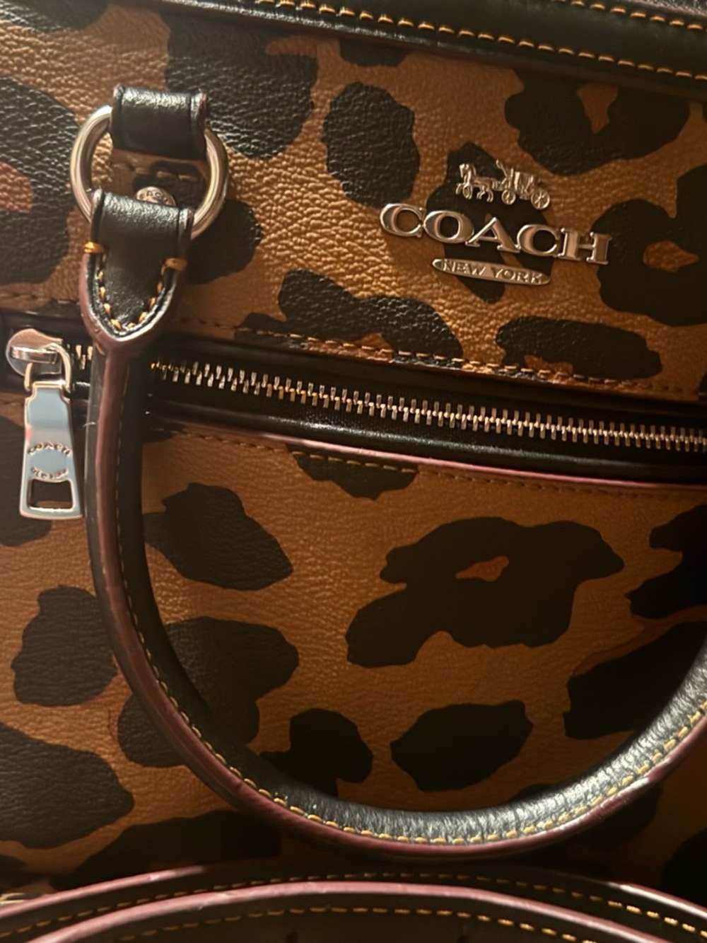 Coach Leopard-Print Leather Satchel - Tan/Black you can use crossbody strap - Picture 2 of 8